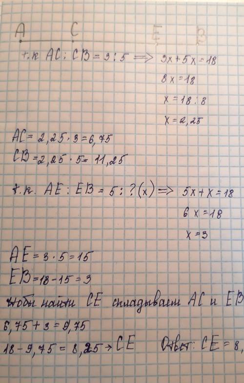 длина отрезка АВ=18см, точки С и Е лежат на АВ, причём АС относится к СВ=3:5, АЕ относится ЕВ=5:k. Н