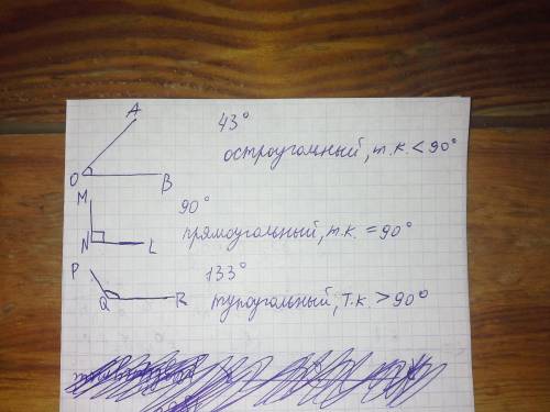 Начертите три угла и обозначьте их AOB, MNL,PQR соответственно и Измерьте их транспортиром и определ