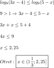 log_{9}(3x-4)\leq log_{9}(5-x)\\\\91\Rightarrow 3x-4\leq5-x\\\\3x+x\leq5+4\\\\4x\leq 9\\\\x\leq 2,25\\\\Otvet:\boxed{x\in(1\frac{1}{3};2,25]}