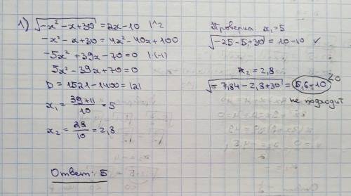 Решите иррациональные уравнения 1)√-x^2-x+30=2x-10 2)√4+2x-x^2=x-2 3)√4y+1-√y-2=3 4)√x+5-√x=1 5)√3x+