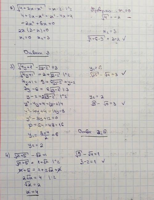 Решите иррациональные уравнения 1)√-x^2-x+30=2x-10 2)√4+2x-x^2=x-2 3)√4y+1-√y-2=3 4)√x+5-√x=1 5)√3x+