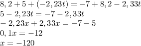 8,2+5+(-2,23t)=-7+8,2-2,33t\\5-2,23t=-7-2,33t\\-2,23x+2,33x = - 7-5\\0,1x=-12\\x= -120