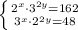 \left \{ {{2^x\cdot 3^{2y}=162} \atop {3^x\cdot 2^{2y}=48}} \right. \\