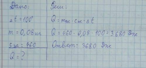 Какое количество теплоты необходимо для нагревания железного кубика массой 80 г на 100 ºС? ответ выр