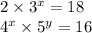 2 \times {3}^{x} = 18 \\ {4}^{x} \times {5}^{y} = 16