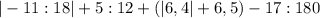 |-11:18|+5:12+(|6,4|+6,5)-17:180