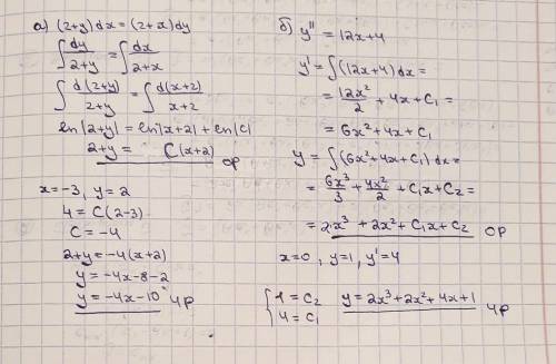 № 1 Найдите частное решение дифференциального уравнения а) (2+y)dx=(2+x)dy, если при x= -3, y= 2 б)