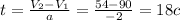 t=\frac{V_{2}-V_{1} }{a} = \frac{54-90}{-2} = 18 c