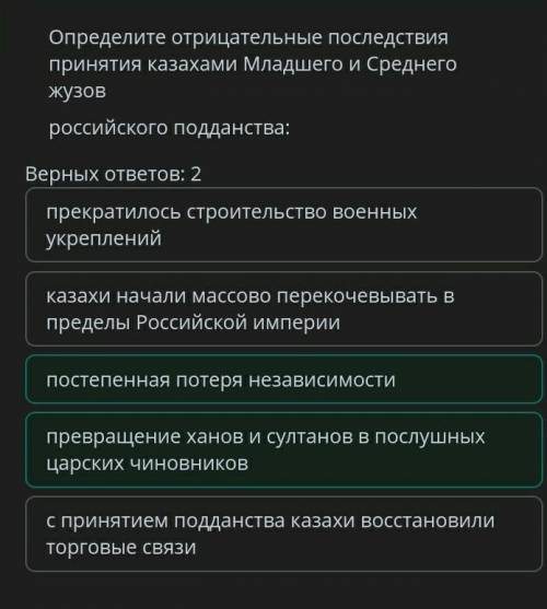 ТЕКСТ ЗАДАНИЯ Определите отрицательные последствия принятия казахами Младшего и Среднего жузовроссий