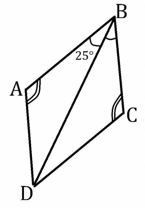 Угол между диогональю и стороной ромба 25 градусов, найдите все углы ромба​