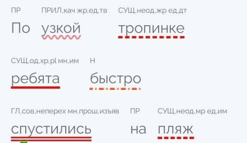 Выполнить синтаксический разбор предложения: По узкой тропинке ребята быстро спустились на пляж⁴. Мо