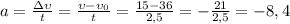 a = \frac{\Delta\upsilon}{t} = \frac{\upsilon - \upsilon_0}{t} = \frac{15 - 36}{2,5} = -\frac{21}{2,5} = -8,4