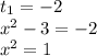 t_{1} = - 2 \\ {x}^{2} - 3 = - 2 \\ {x}^{2} = 1