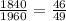 \frac{1840}{1960} = \frac{46}{49}