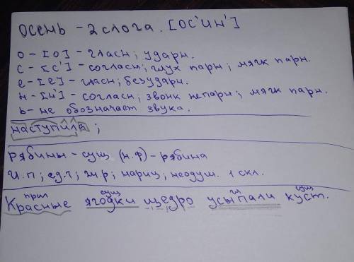 Фонетический разбор: осень разбор составу: наступила, морфологический разбор: рябины синтаксический