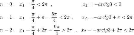 n=0:\ \ x_1=\dfrac{\pi}{4}