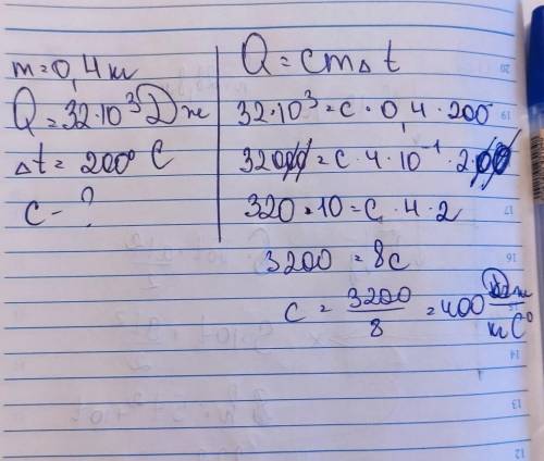 Тіло масою 400г отримало 32 кДж тепла та нагрілося на 200С. Яка питома теплоємність тіла? Решение ​