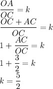 \dfrac{OA}{OC}=k\\\dfrac{OC+AC}{OC}=k\\1+\dfrac{AC}{OC}=k\\1+\dfrac{3}{2}=k\\k=\dfrac52