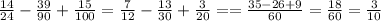 \frac{14}{24} - \frac{39}{90} + \frac{15}{100} = \frac{7}{12} - \frac{13}{30} + \frac{3}{20} = = \frac{35 - 26 + 9}{60} = \frac{18}{60} = \frac{3}{10}