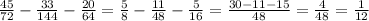 \frac{45}{72} - \frac{33}{144} - \frac{20}{64} = \frac{5}{8} - \frac{11}{48} - \frac{5}{16} = \frac{30 - 11 - 15}{48} = \frac{4}{48} = \frac{1}{12}