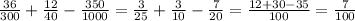 \frac{36}{300} + \frac{12}{40} - \frac{350}{1000} = \frac{3}{25} + \frac{3}{10} - \frac{7}{20} = \frac{12 + 30 - 35}{100} = \frac{7}{100}