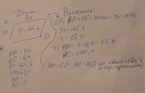 Стороны параллелограмма соотносятся как 3:6, а периметр равен 165,6 см. Вычисли стороны параллелогра