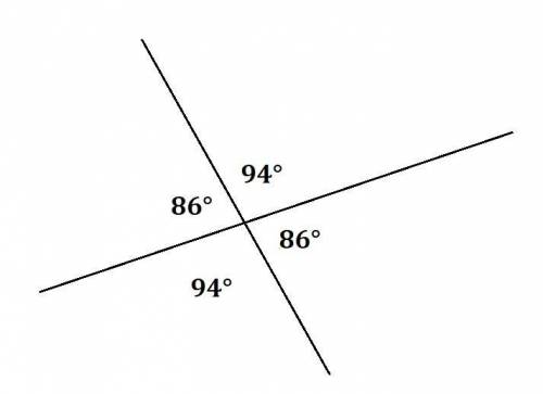 2. Один из углов, образовавшихся при пересечении двух прямых, равен 86градусные меры остальных углов