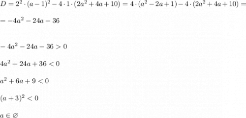 D=2^2\cdot (a-1)^2-4\cdot 1 \cdot (2a^2+4a+10) = 4\cdot (a^2-2a+1)-4\cdot (2a^2+4a+10)=\\\\=-4a^2-24a-36\\\\\\-4a^2-24a-360\\\\4a^2+24a+36