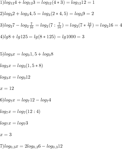 1)log_{12}4+log_{12}3=log_{12} (4*3)=log_{12}12=1\\\\2)log_{3}2+log_{3}4,5=log_{3}(2*4,5)=log_{3}9=2\\\\3)log_{2}7-log_{2}\frac{7}{16}=log_{2}(7:\frac{7}{16} )=log_{2}(7*\frac{16}{7})=log_{2}16=4\\\\4)lg8+lg125=lg(8*125)=lg1000=3\\\\\\5)log_{3} x=log_{3}1,5+log_{3}8\\\\log_{3} x=log_{3}(1,5*8)\\\\log_{3} x=log_{3}12\\\\x=12\\\\6)log_{7}x=log_{7}12-log_{7}4\\\\log_{7}x=log_{7} (12:4)\\\\log_{7}x=log_{7} 3\\\\x=3\\\\7)log_{0,3}x=2log_{0,3}6-log_{0,3}12