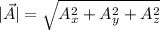 |\vec{A}|=\sqrt{A_x^2+A_y^2+A_z^2}