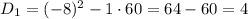 D_1=(-8)^2-1\cdot60=64-60=4