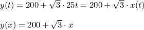 y(t)=200+\sqrt{3}\cdot 25t=200+\sqrt{3}\cdot x(t)\\\\y(x)=200+\sqrt{3} \cdot x