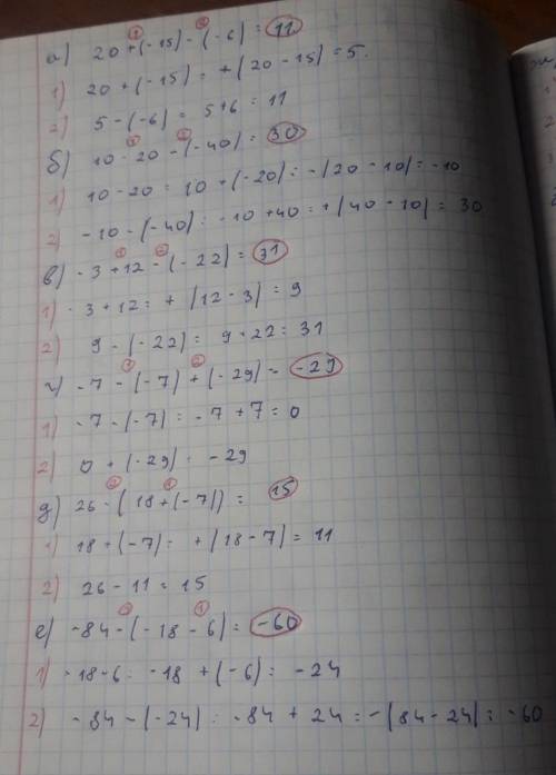 1 Найдите значение выражения : а) 20 + (-15 ) – (-6 ); б) 10 – 20 – (-40); в) -3 + 12 –(-22) ; г) -7