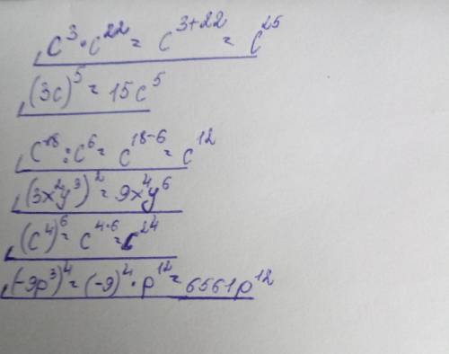 C³•c²²= (3c)⁵= c¹⁸:c⁶= (3x²y³)²=(c⁴)⁶= (-9p³)⁴=​