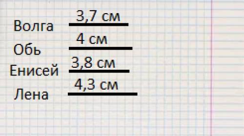 . Длина Волги составляет 3700 км, Оби - 4000 км, Енисея- 3800 км, Лены - 4300 км. Изобразите размеры