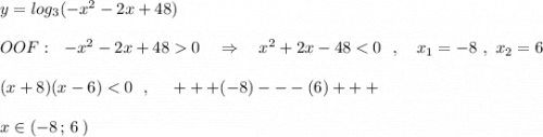 y=log_3(-x^2-2x+48)\\\\OOF:\ \ -x^2-2x+480\ \ \ \Rightarrow \ \ \ x^2+2x-48