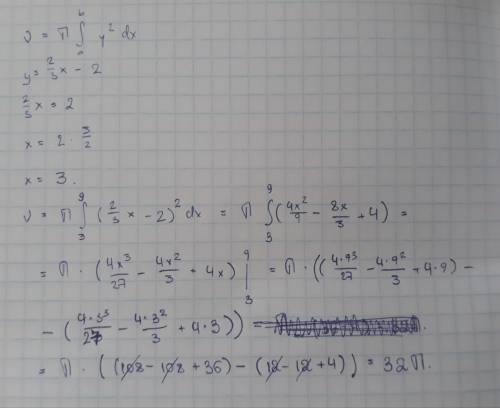 Алгебра, 11 класс. Область, ограниченная осью Ox, прямыми y=2/3*x-2 и x = 9, вращается вокруг оси Ox