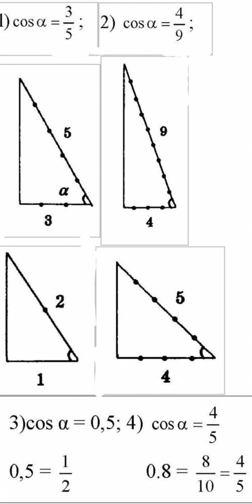 постройте угол , косимнус которого равен 1) 3/5, 2)4/9, 3)0,5 4)0,8 сможете быстро :)​