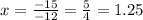 x=\frac{-15}{-12} =\frac{5}{4} =1.25