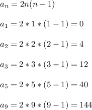 a_{n} =2n(n-1)\\\\a_{1}=2*1*(1-1)=0\\\\a_{2}=2*2*(2-1)=4\\\\a_{3}=2*3*(3-1)=12\\\\a_{5}=2*5*(5-1)=40\\\\a_{9}=2*9*(9-1)=144