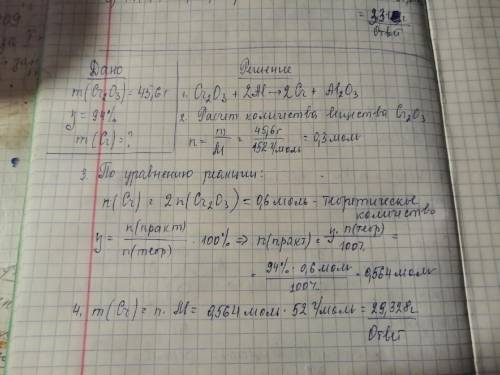 Обчисліть масу хрому, що утворюється внаслідок відновлення хром(ІІІ) оксиду масою 45,6 г алюмінієм,