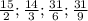 \frac{15}{2}; \frac{14}{3} ;\frac{31}{6} ;\frac{31}{9}