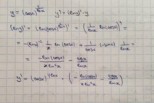 Найти производную функции y=(cosx)^1/lnx​