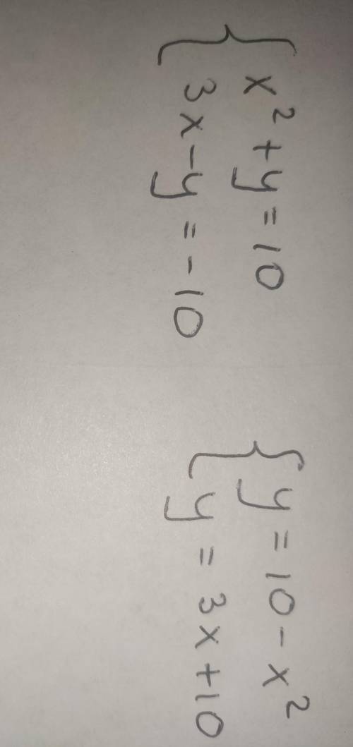 Решите систему уравнений: х2 + у = 10, 3х -у = = -10.​