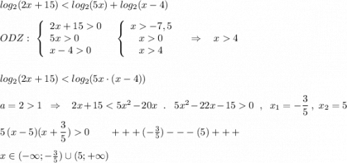 log_2(2x+15)0\\5x0\\x-40\end{array}\right\ \ \left\{\begin{array}{cl}x-7,5\\x0\\x4\end{array}\right\ \ \ \Rightarrow \ \ \ x4\\\\\\log_2(2x+15)1\ \ \Rightarrow \ \ \ 2x+150\ \ ,\ \ x_1=-\dfrac{3}{5}\ ,\ x_2=5\\\\5\, (x-5)(x+\dfrac{3}{5})0\ \ \ \ \ \ +++(-\frac{3}{5})---(5)+++\\\\x\in (-\infty ;-\frac{3}{5})\cup (5;+\infty )