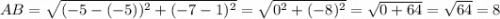 AB=\sqrt{(-5-(-5))^2+(-7-1)^2} =\sqrt{0^2+(-8)^2} =\sqrt{0+64} =\sqrt{64} =8