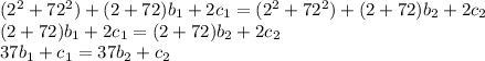 (2^{2}+72^{2})+(2+72)b_{1} +2c_{1}=(2^{2}+72^{2})+(2+72)b_{2} +2c_{2}\\(2+72)b_{1} +2c_{1}=(2+72)b_{2} +2c_{2}\\37b_{1} +c_{1}=37b_{2} +c_{2}\\