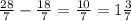 \frac{28}{7} - \frac{18}{7} = \frac{10}{7} = 1\frac{3}{7}