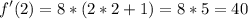 \displaystyle f'(2)=8*(2*2+1) = 8*5 = 40