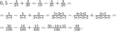 0,5-\frac{4}{25}+\frac{3}{20}=\frac{5}{10}-\frac{4}{25}+\frac{3}{20}=\\\\=\frac{5}{2*5}-\frac{4}{5*5}+\frac{3}{2*2*5}=\frac{5*2*5}{2*5*2*5}-\frac{4*2*2}{5*5*2*2}+\frac{3*5}{2*2*5*5}=\\\\=\frac{50}{100}-\frac{16}{100}+\frac{15}{100}=\frac{50-16+15}{100}=\frac{49}{100}.